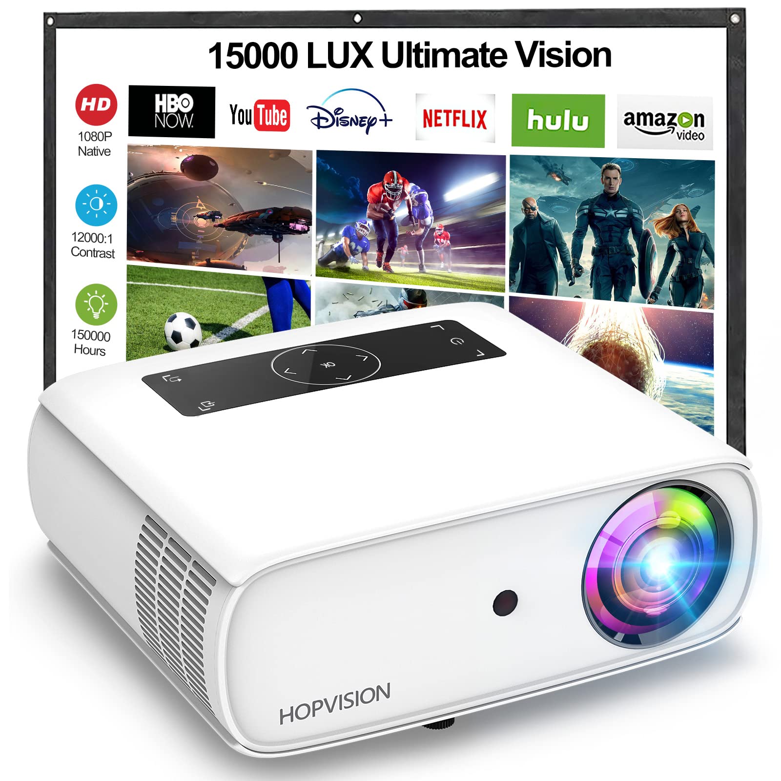 Hopvision Native 1080P Projector Full Hd, 15000Lux Movie Projector With 150000 Hours Led Lamp Life, Support 4K 350'' Home Outdoo